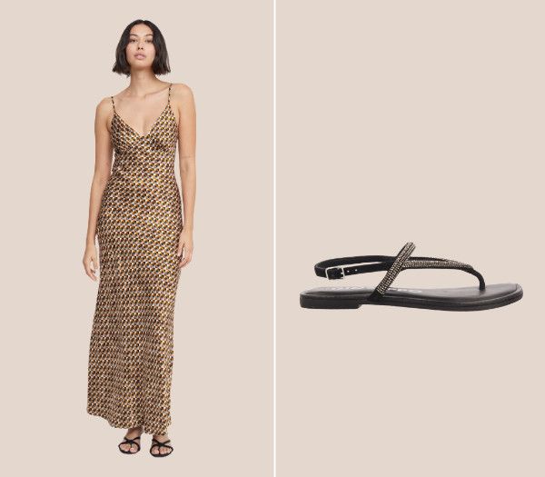 Vestido estampado de Bec + Bridge y sandalias negras de Gioseppo
