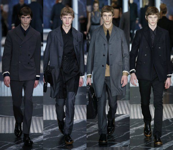 PRADA. Invirtiendo los roles con la pasarela femenina, Miuccia Prada sorprendía en su desfile en Milán con un desfile combinado, sacando a la pasarela tantos looks para hombre como para mujer, algo impensable hace unos años, cuando eran las colecciones femeninas las que, solamente de vez en cuando, incluían algún guiño a la moda para hombre. Esta fusión de genéros se traslada también a las prendas, que unifican los colores para ambos a un riguroso trío de negro, gris y azul marino.
