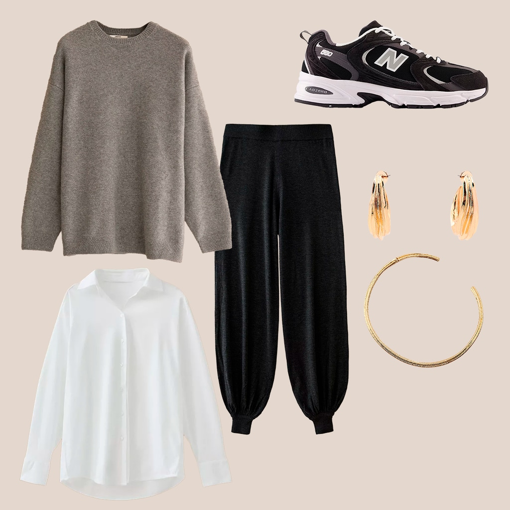 Jersey de punto gris con cuello redondo (39,99 euros), camisa blanca de algodón (25,99) y pantalón bombacho de lana y seda (79,99 euros), de Zara Home. Zapatilla New Balance  530 (130 euros). Pendientes de aro (12,95 euros) y choker dorado (15,95 euros), de Zara.