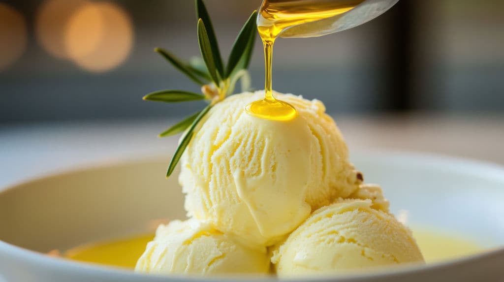 Helado de aceite de oliva virgen extra con una ramita de romero