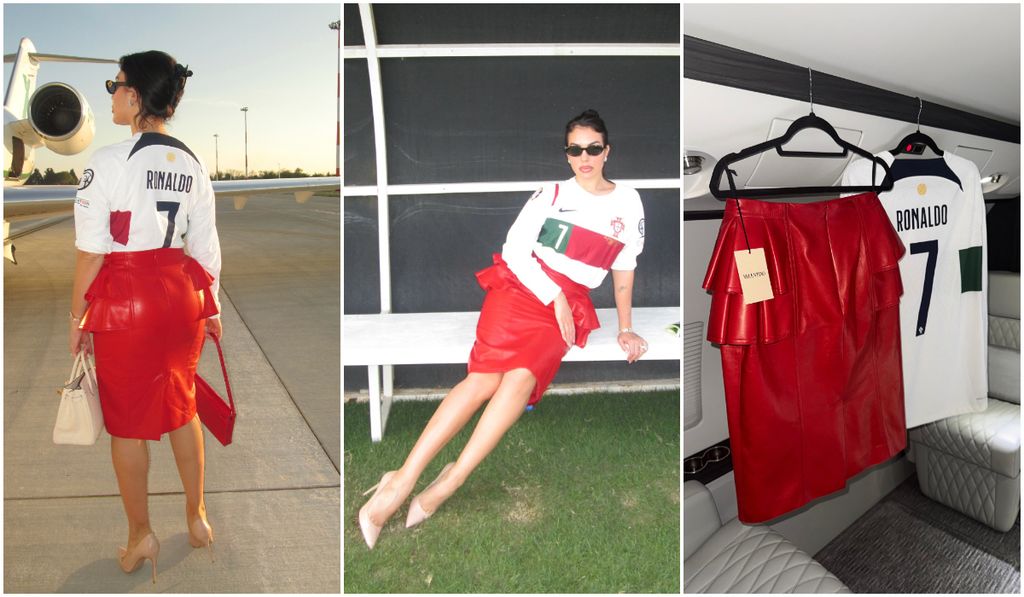 Georgina Rodríguez lució guapísima con una falda roja de Valentino y una camiseta de Portugal.