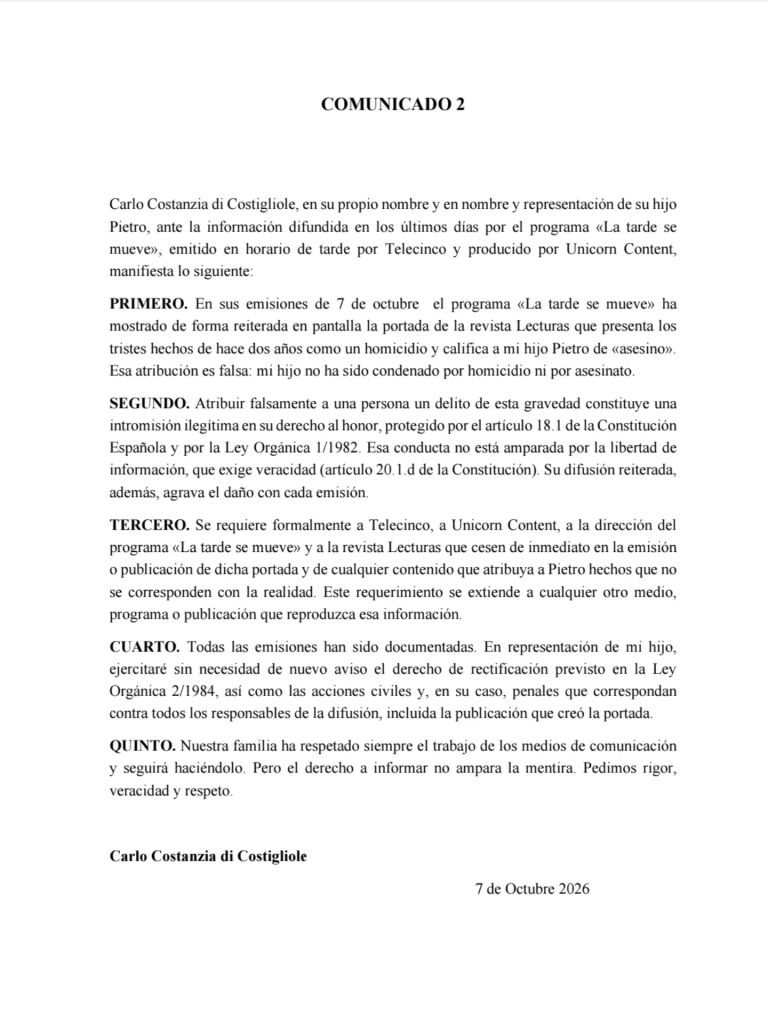 Segundo comunicado de Carlo Costanzia padre en el que advierte que emprenderá las acciones civiles y penales correspondientes