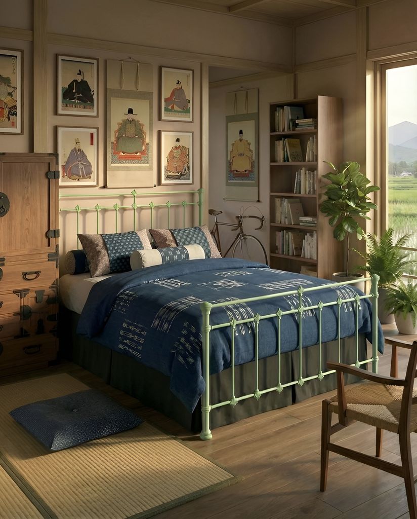 Dormitorio con cama de forja