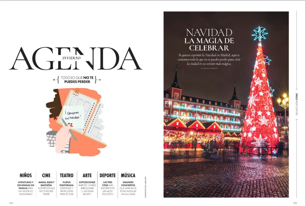 Páginas del número especial de invierno de ¡HOLA! Madrid, ya a la venta en todos los quioscos. Te contamos los mejores planes del invierno y la Navidad en la ciudad: gastro, exposiciones, teatro, restaurantes, escapadas y todo lo que puedas imaginas para los meses de diciembre, enero y febrero