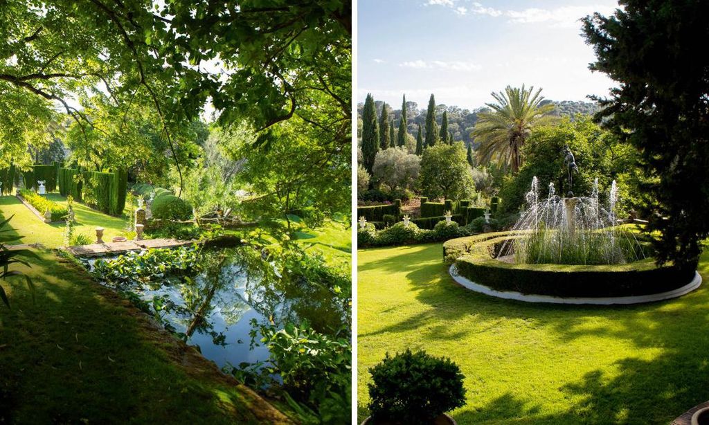 
Arriba, plazoleta con las casitas de invitados. Los diseñadores adquirieron la propiedad en 1990 y la han ido construyendo con mucho mimo, convirtiéndola en un lugar mágico. En estas imágenes, dos vistas del espléndido jardín —arriba, rincón a la sombra de un tilo, con el frescor del agua de la alberca y, sobre estas líneas, al fondo, fuente de escultura de Mercurio de bronce—.
