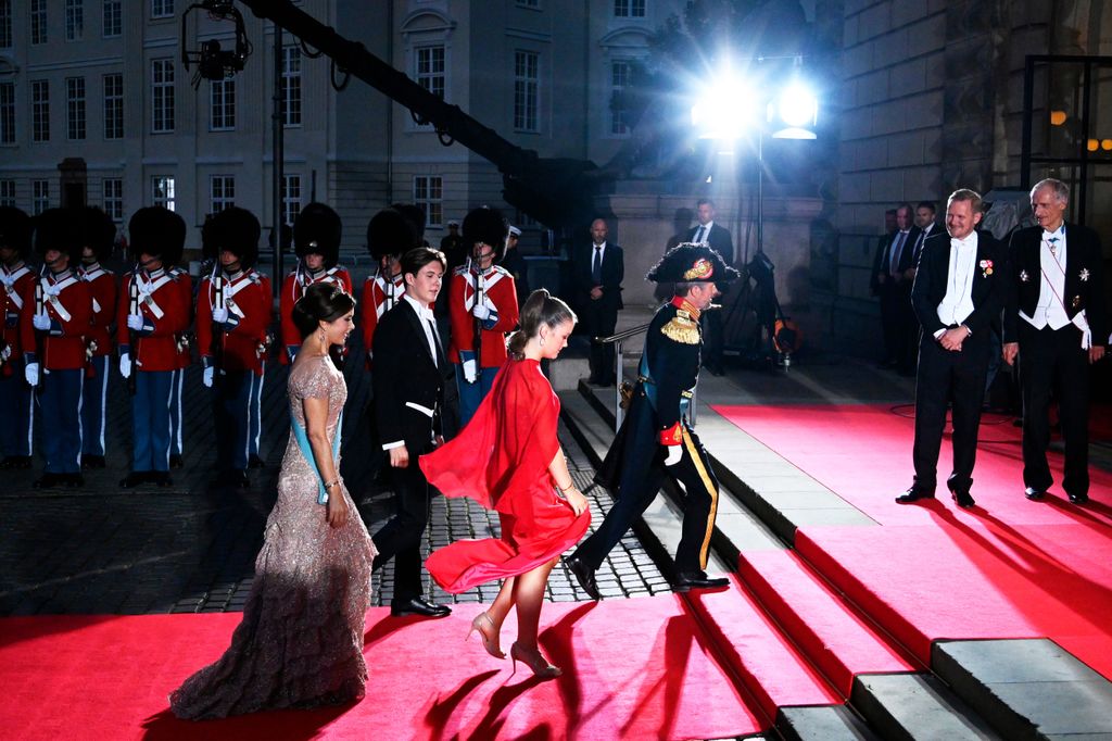COPENHAGEN, DENMARK - SEPTEMBER 10: Crown Prince Frederik and Crown Princess Mary with their children Princess Isabella and Prince Christian arrive for a command performance at the Royal Theatreâs Old Stage during the celebrations of the 50th anniversary of Queenâs accession to the throne in Copenhagen, Denmark, on September 10, 2022. After the death of Queen Elizabeth II, Queen Margrethe II is now Europeâs longest-ruling monarch. The Danish royal was proclaimed queen on 15 January 1972. (Photo by Sergei Gapon/Anadolu Agency via Getty Images)