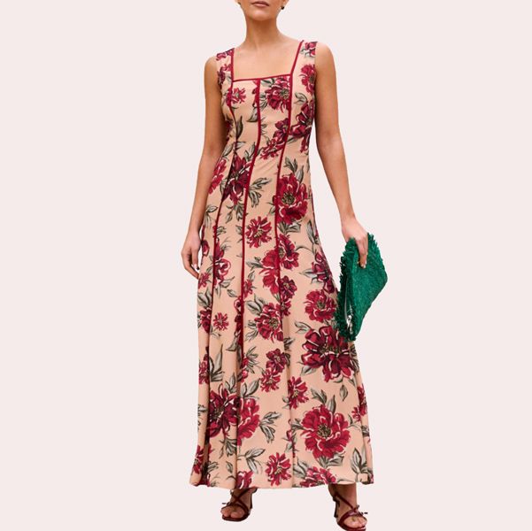 Miphai Vestido largo estampado con escote cuadrado