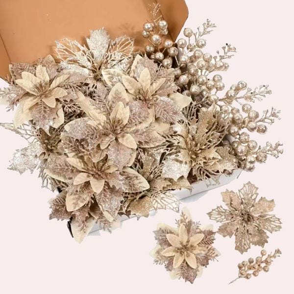 18 unids/set brillo flores artificiales de Navidad y ramo de bayas decoración