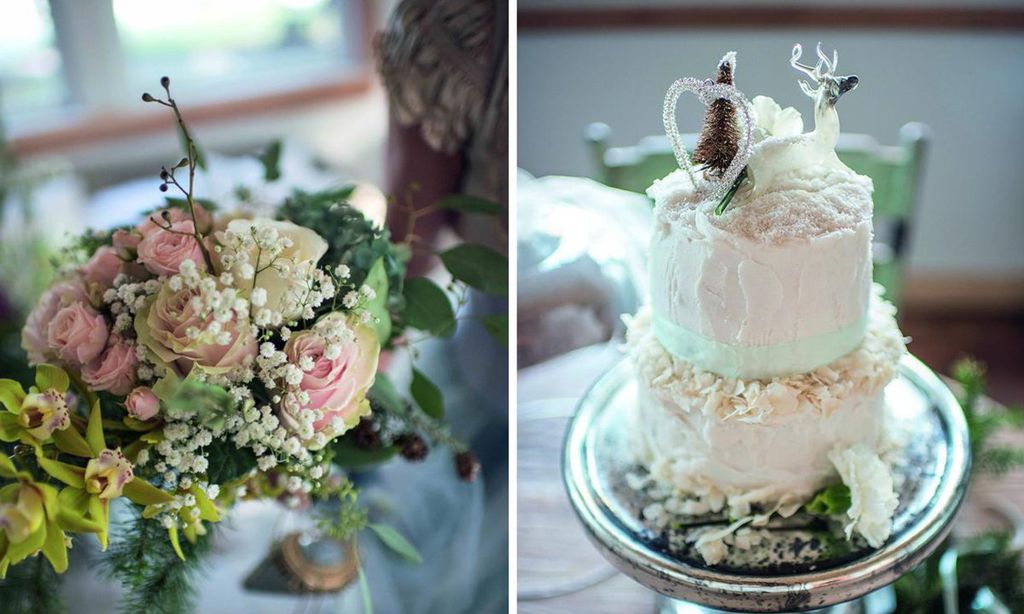 
A la derecha la tarta nupcial, de coco y vainilla, elaborada por la fotógrafa, Heather Ross, siguiendo la preferencia vegana de la actriz. A la izquierda, el ramo de Pamela, compuesto por rosas, orquídeas, gipsófilas, hortensias azules y una rama de olivo.
