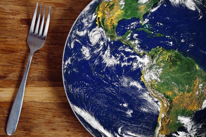 tenedor con un planeta en el plato