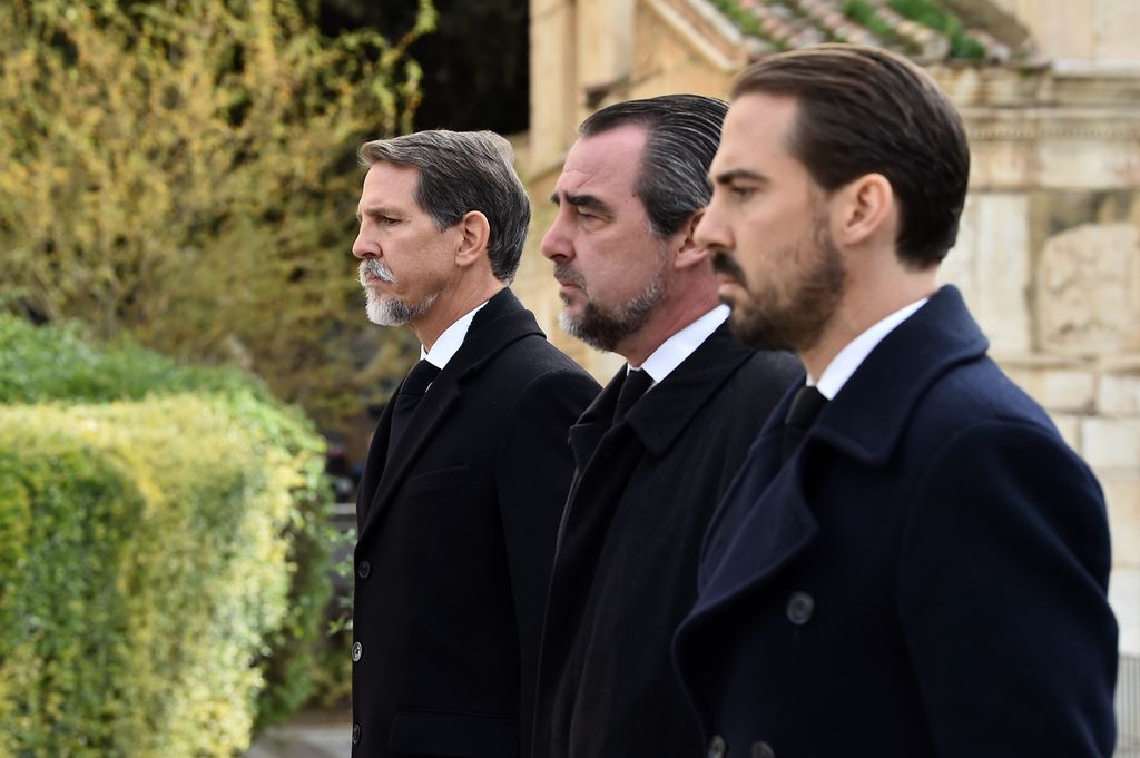 Pablo de Grecia, junto a Nicolás y Felipe, en el funeral de Irene de Grecia