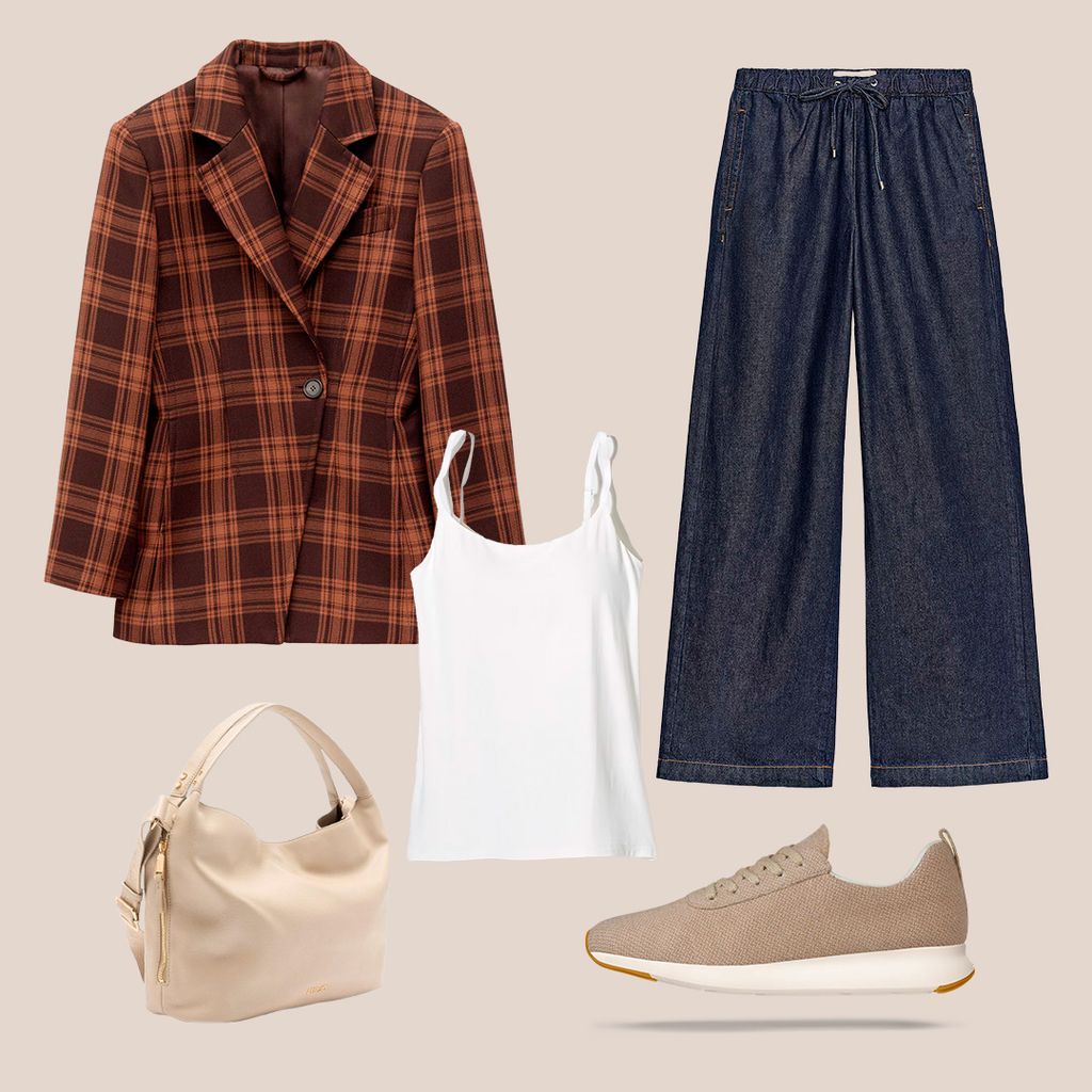 Americana marrón con hombreras, de & Other Stories (179 euros). Vaquero jogger wide leg con cintura elástica ajustable, de Zara (29,95 euros). Camiseta de tirantes AIRism con sujetador incorporado, de Uniqlo (24,90 euros). Zapatilla Merino Sport, de Yuccs (125 59 euros). Bolso Hobo mediano, de Liu Jo (139 euros).