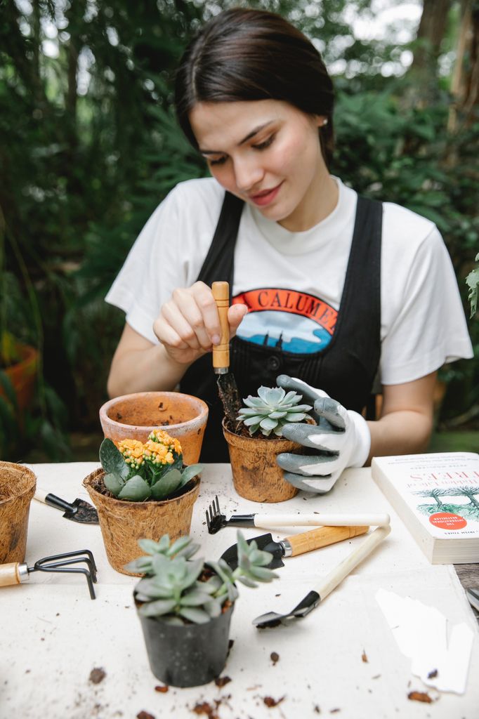 Mujer trasplantando una planta. 