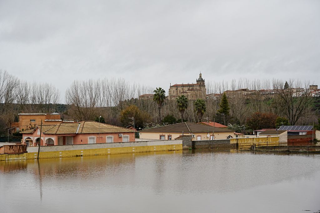 El río Alagón desbordado durante este mes de febrero a su paso por Coria (Cáceres)
