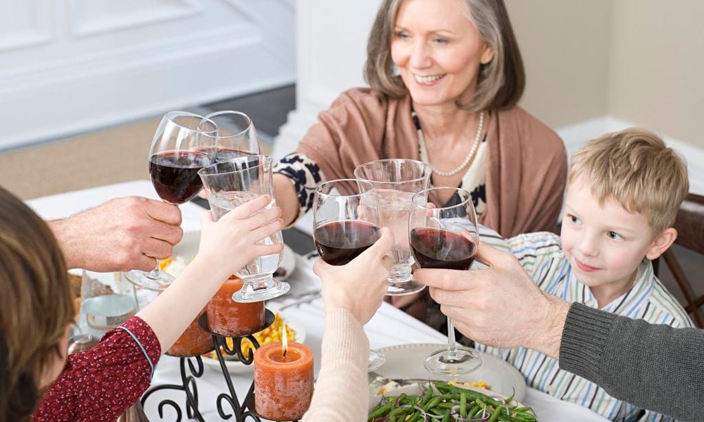 Familia brinda durante la comida