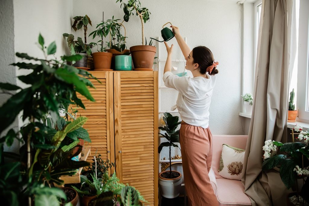 Mujer regando plantas.