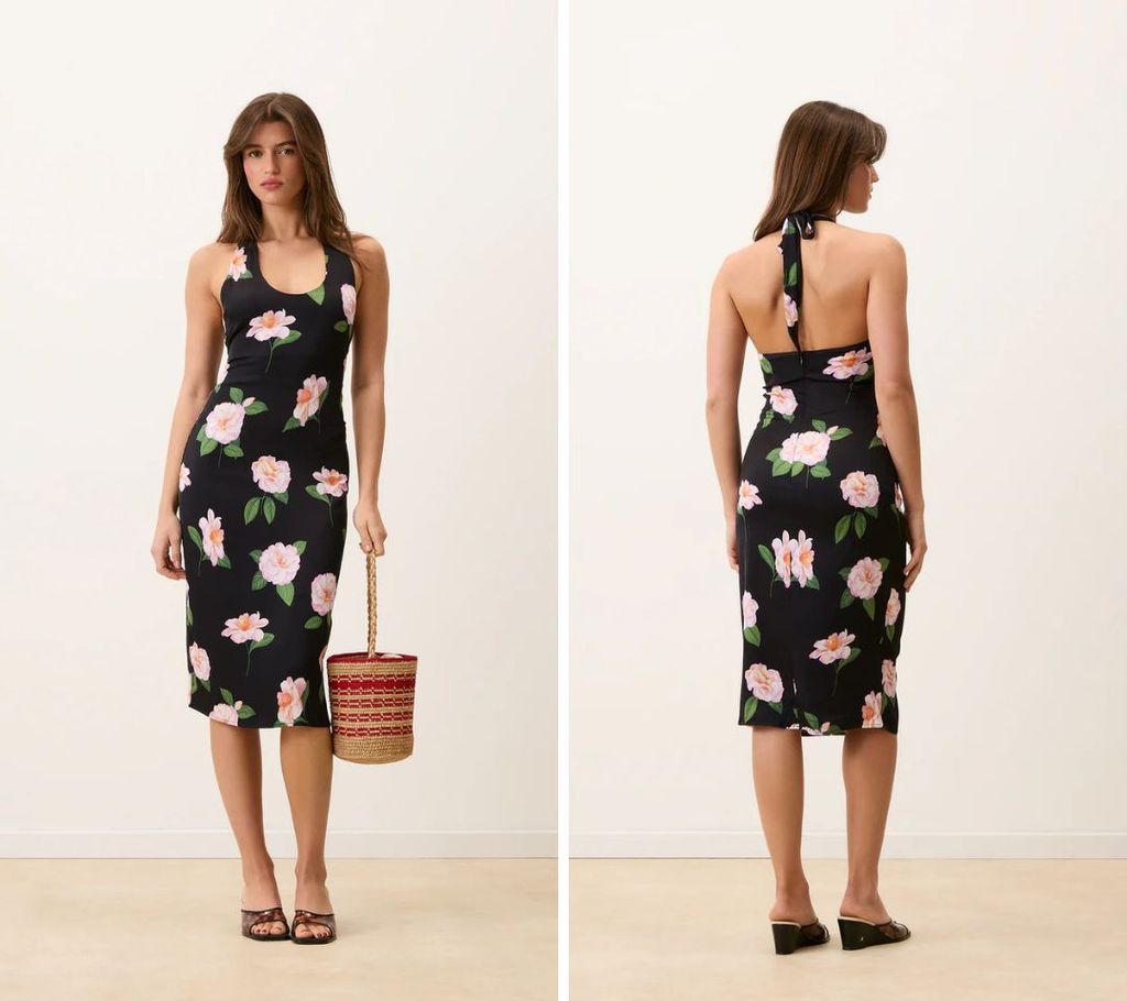Vestido Gaia de Rouje Paris en color negro con flores estampadas, cuello halter y espalda al descubierto