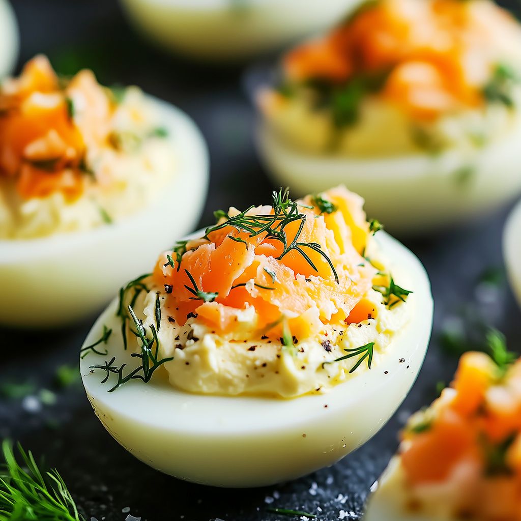 Huevos rellenos de salmón ahumado y eneldo