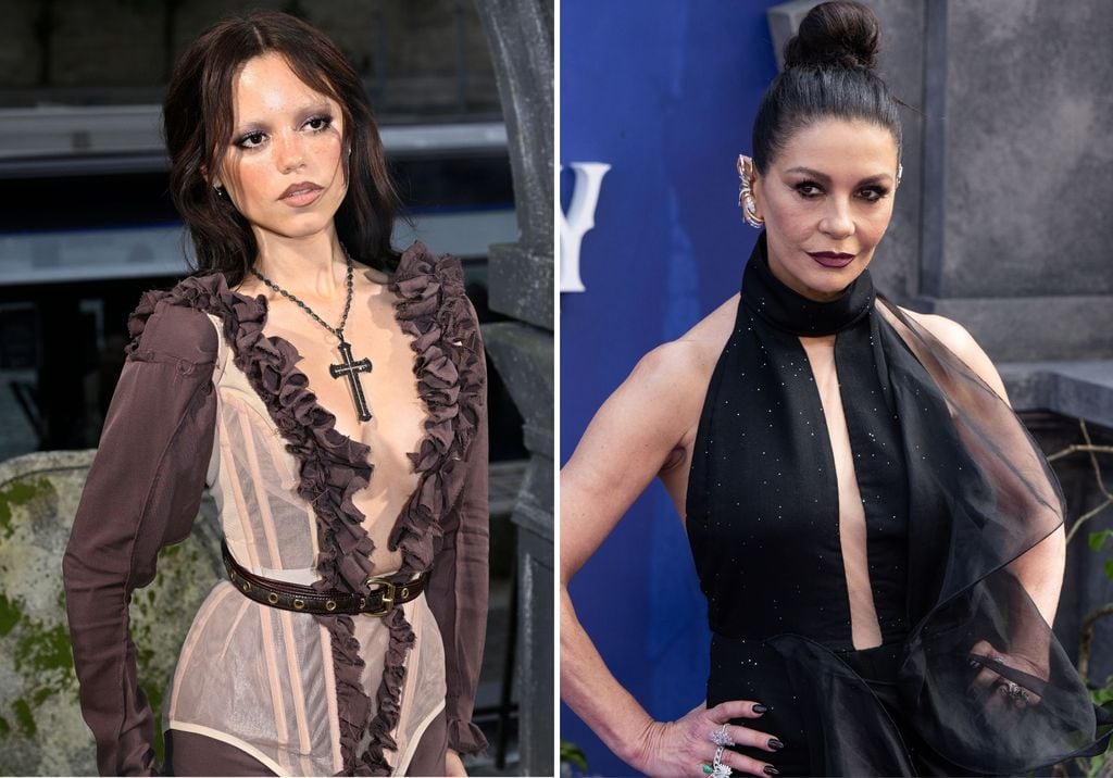 Jenna Ortega y Catherine Zeta-Jones en su tour de presentación de la segunda temporada de Wednesday