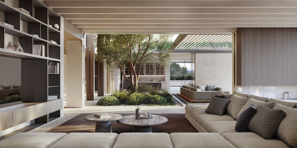 Salón moderno con vigas en el techo