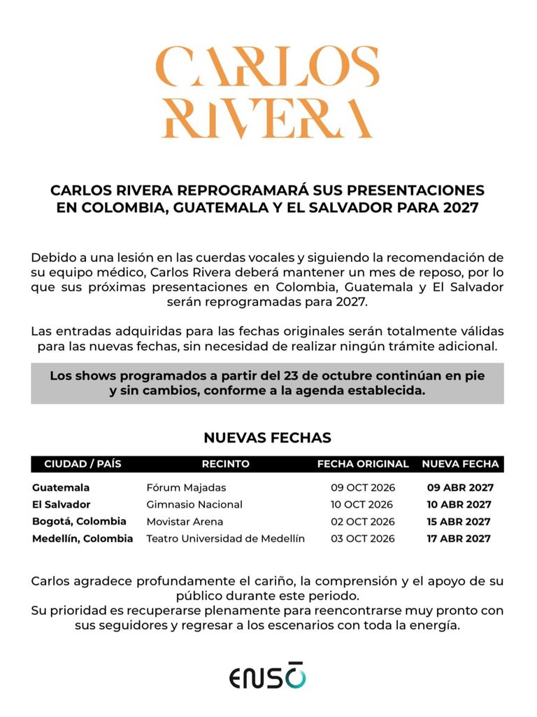 Las nuevas fechas para los conciertos aplazados de Carlos Rivera.