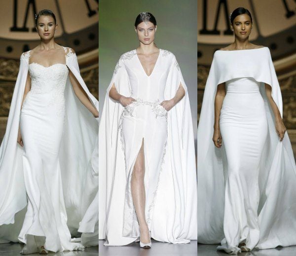 LA CAPA

Llevar un 'velo' diferente nunca fue tan cool como cuando se sustituye por la capa de novia, que pende de los hombros y sirve para hacer las veces de velo y cola al mismo tiempo. Celebrity brides que se casaron con este look el año pasado: Solange Knowles, la 'hermanísima' de Beyoncé. En pasarela se lo hemos visto a Irina Shayk, para Pronovias.

Colecciones: Pronovias e Isabel Zapardiez.
