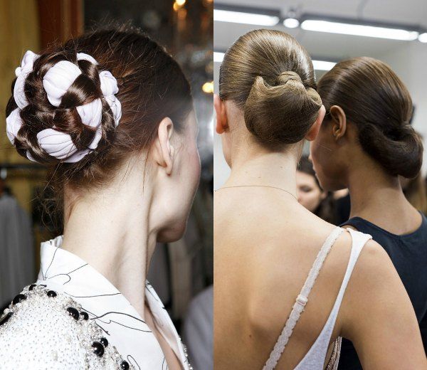Tres tipos de recogido bajo, con tela, trenzado o clásico, vistos en las pasarelas primavera-verano 2015.
