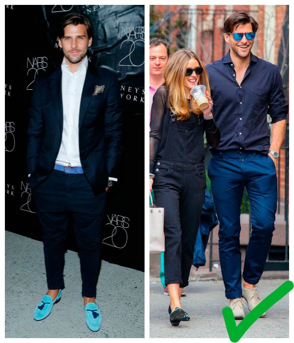 Tres tonos de azul que no chocan entre sí, pantalón pesquero y zapato beis. El perfecto look veraniego en color navy, by Johannes Huebl.
