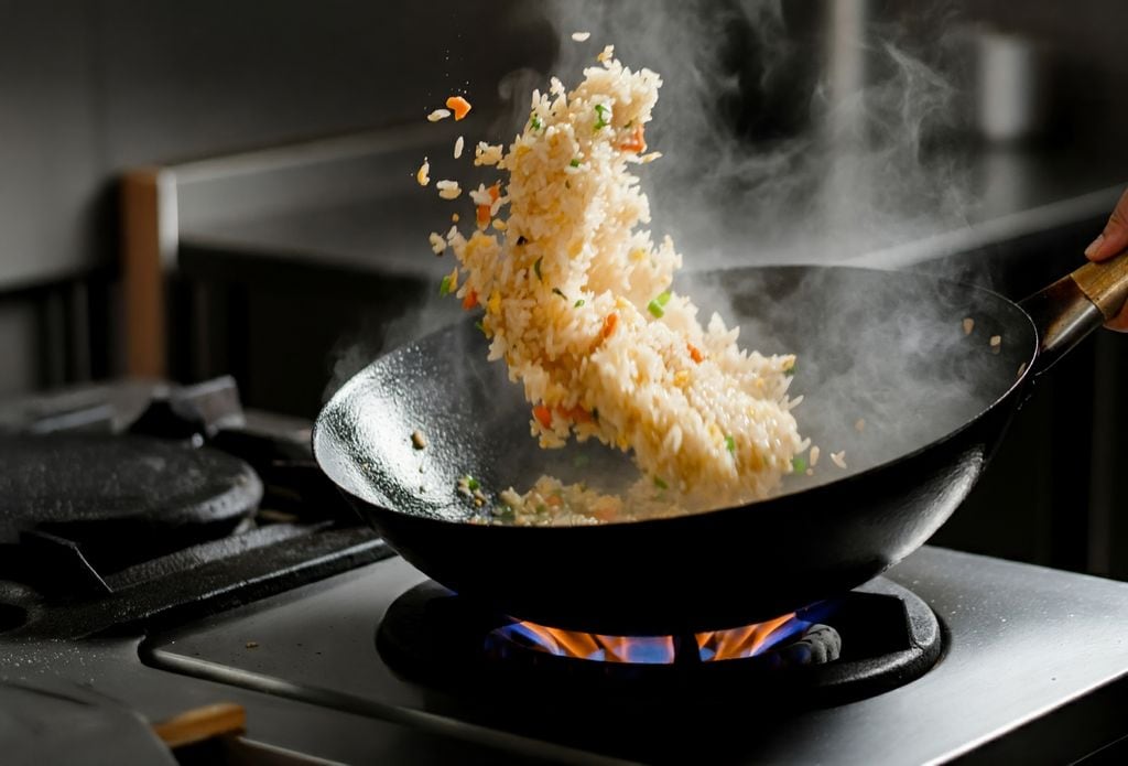 Cocinando arroz en un wok
