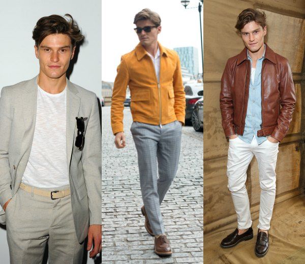 Oliver Cheshire se atreve con el pantalón blanco, combinándolo con cazadora de piel en marrón y camisa azul.
