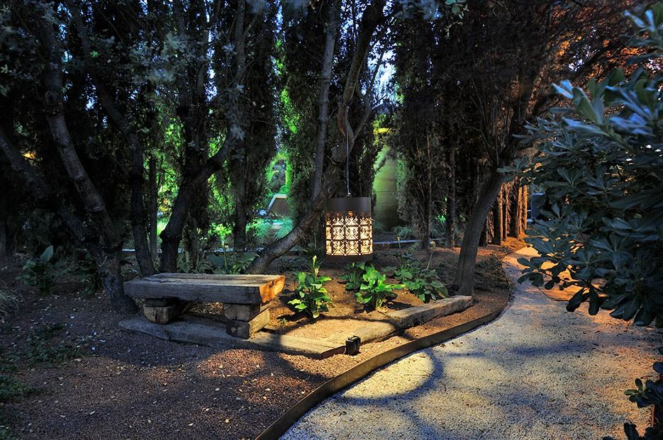 Jardín con un banco, una suave iluminación artificial y frondosas coníferas