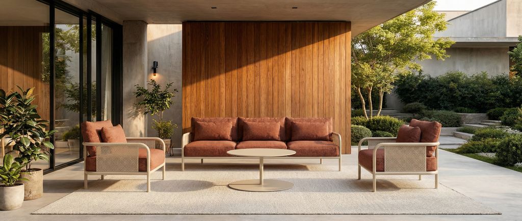 Porche con sofá de tres plazas, sillones y mesa de centro