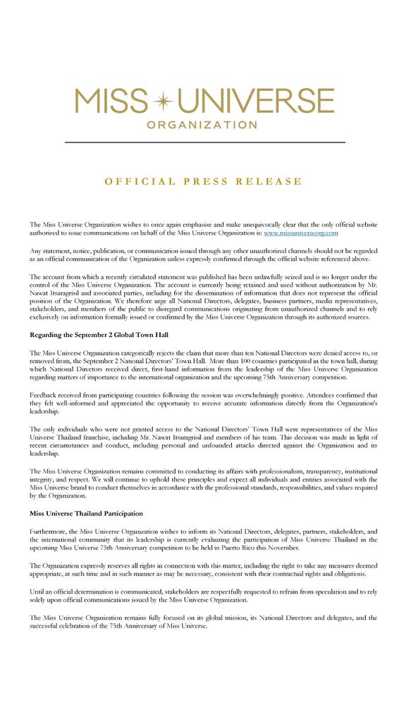 La Miss Universe Organization compartió un comunicado sobre la evaluación de Tailandia en la edición de diamante en Puerto Rico 