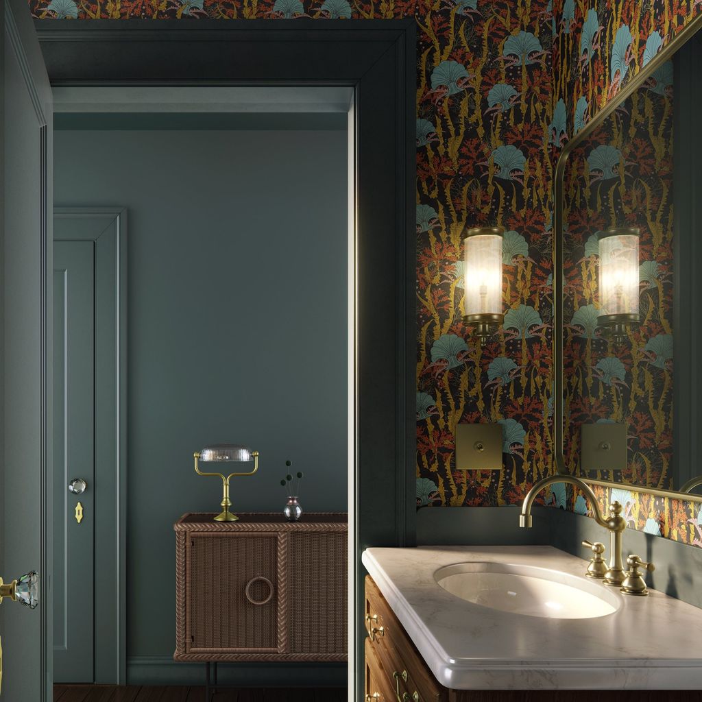 Cuarto de baño con papel pintado oscuro