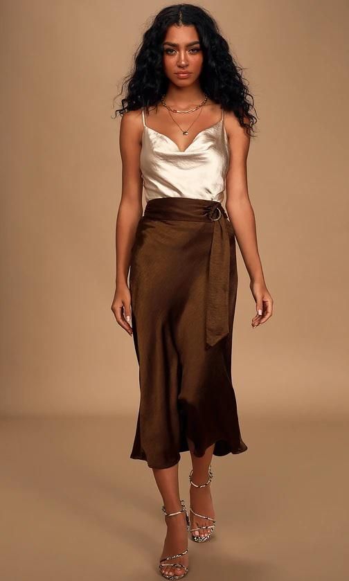 Moon River Unforgettable Brown Satin Belted Midi Slip Skirt de Lulus