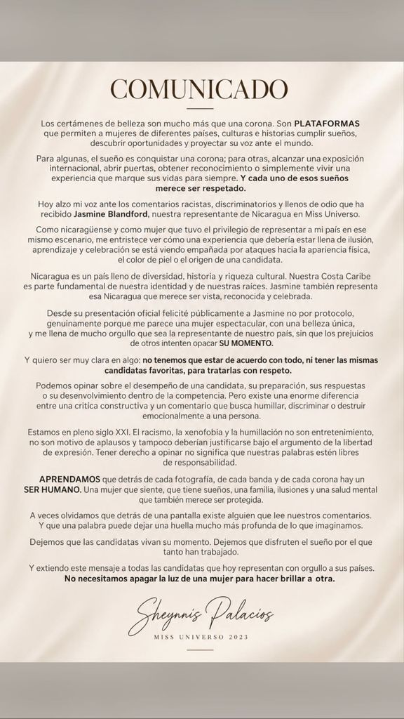 El comunicado de Sheynnis Palacios