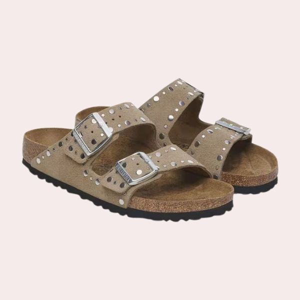 Sandalias mujer Arizona en ante y tachas Marrón topo Birkenstock