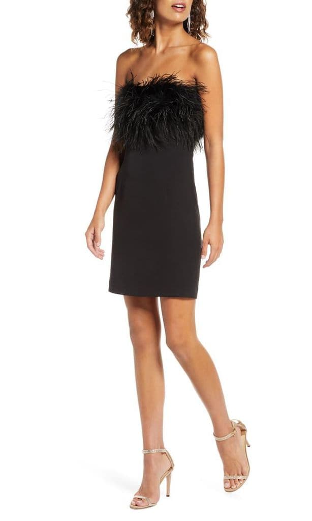 strapless feather neck cocktail dress de bardot