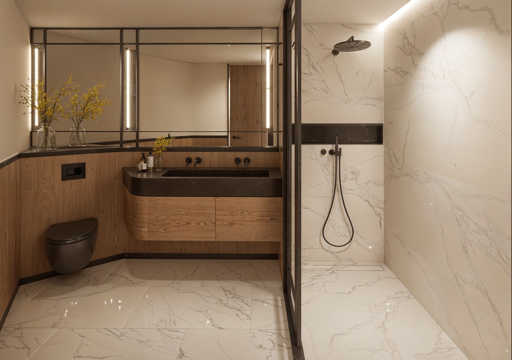 Baño moderno con madera y mármol