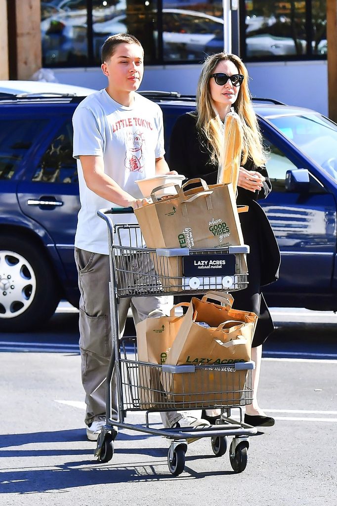 Angelina Jolie y su hijo Knox se mostraron muy sonrientes al salir de Lazy Acres en Los Ángeles.