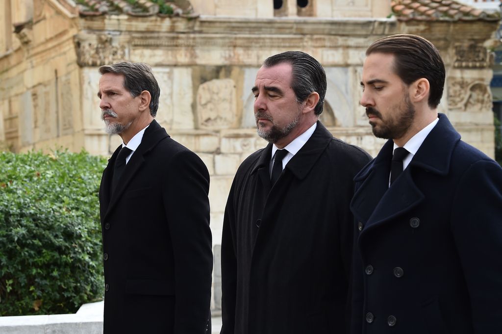 Pablo de Grecia, junto a Nicolás y Felipe, en el funeral de Irene de Grecia