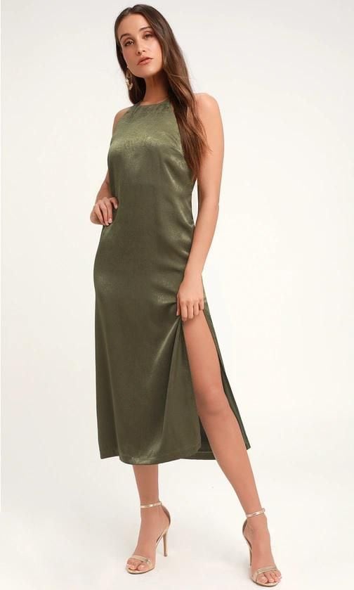 Savona Olive Green Satin Midi Dress de Lulus