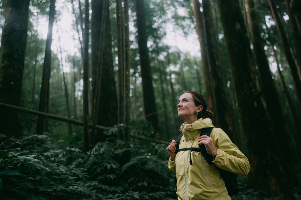 mujer haciendo senderismo en el bosque