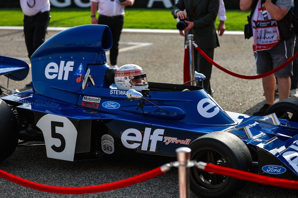 BAHRAIN, BAHRAIN - APRIL 13: Sir Jackie Stewart in his 1973 Tyrrell for a tribute lap during the F1 Grand Prix of Bahrain at Bahrain International Circuit on April 13, 2025 in Bahrain, Bahrain. (Photo by Kym Illman/Getty Images)