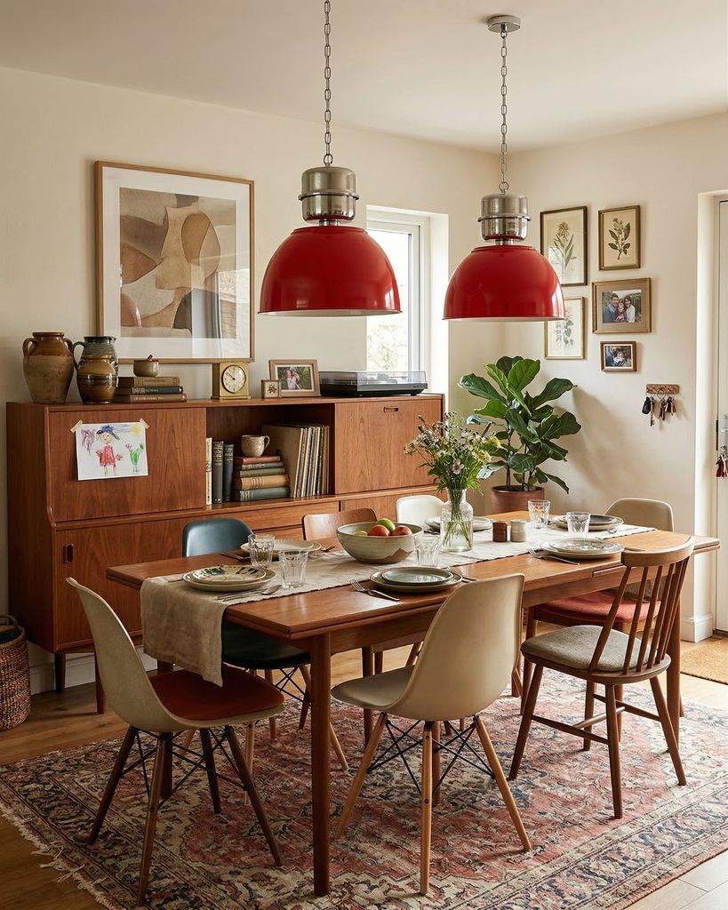 Comedor con muebles de madera y lámparas de techo rojas