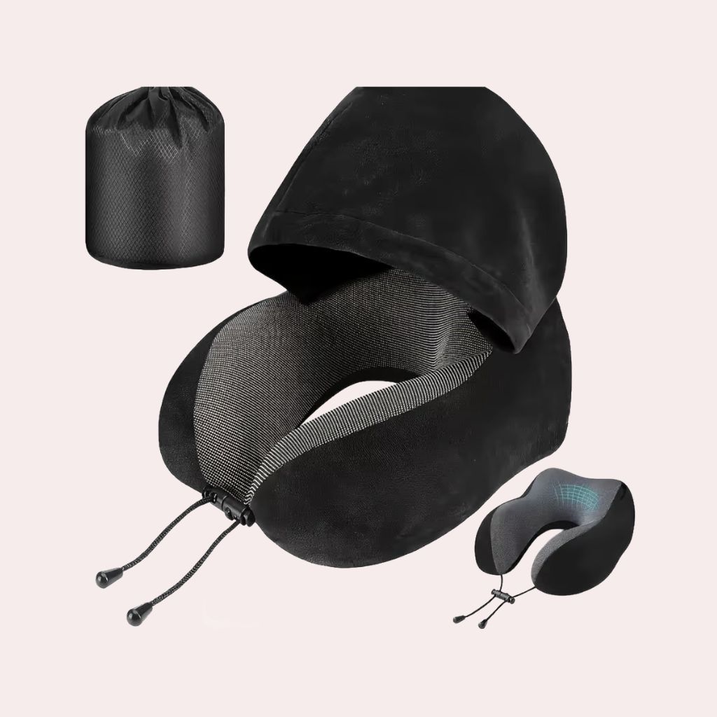 Almohada de viaje en forma de U con capucha para crear un espacio de descanso