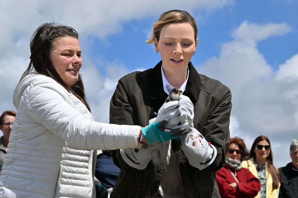 La princesa Charlene durante su visita al centro de protección junto al halcón de patas rojas