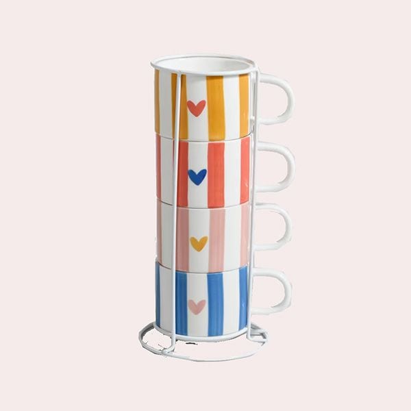 Esmée Set de 4 Tazas de Cerámica con Rayas y Corazones