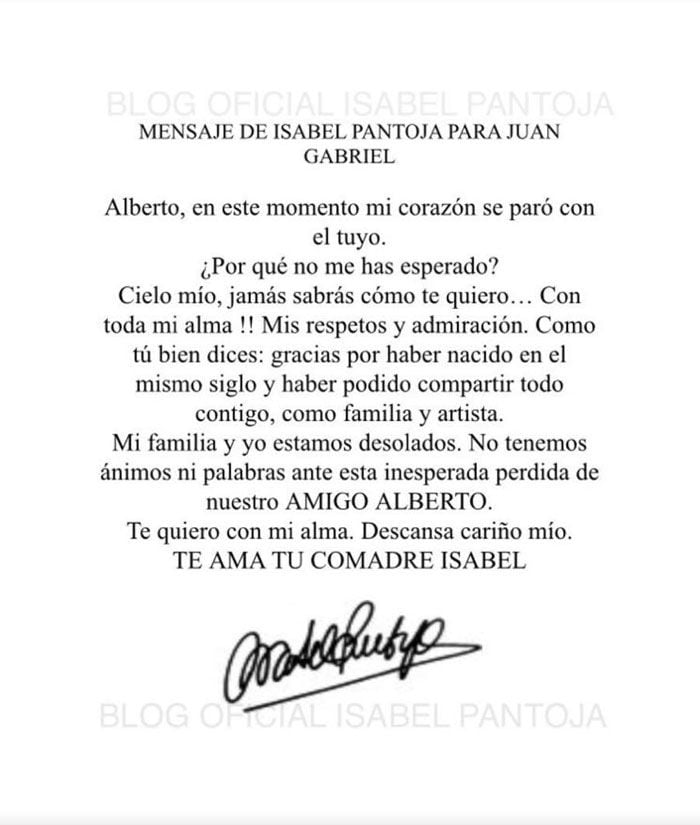 Carta de Isabel Pantoja de despedida a Juan Gabriel
