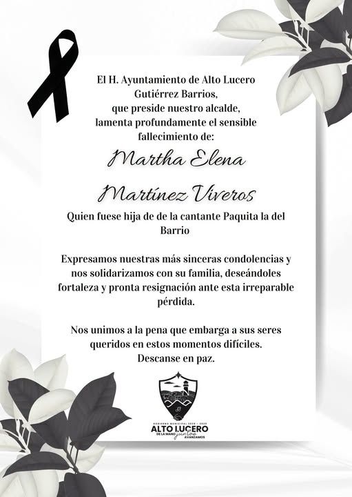 El Ayuntamiento de Alto Lucero lamentó el fallecimiento de Martha Elena